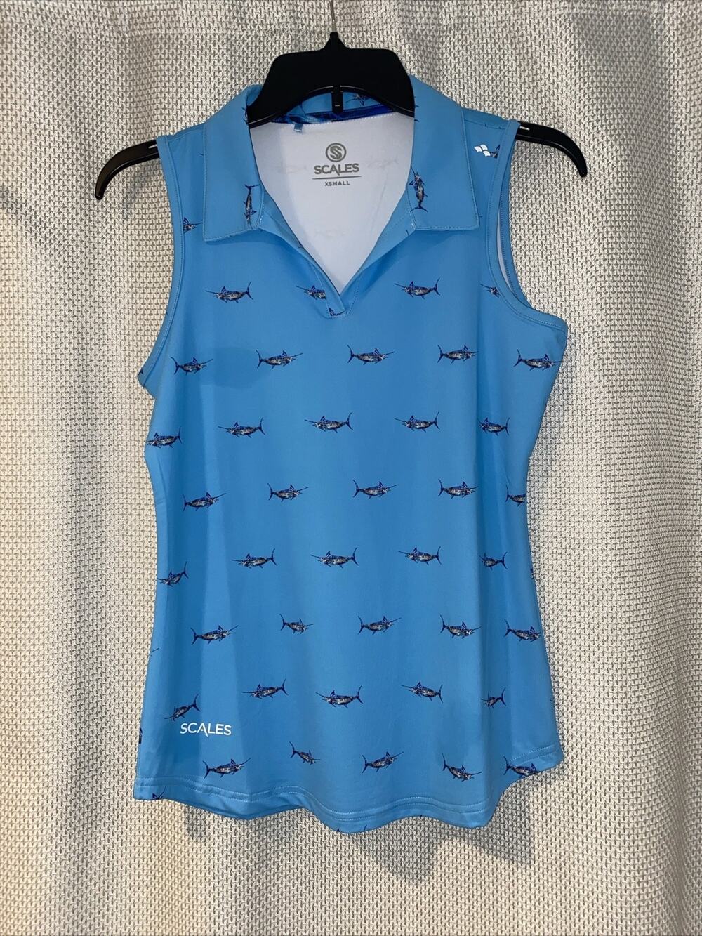 Scales Powder Blue Tropical Marlins Sleeveless Polo Shirt Golf Top Collared XS